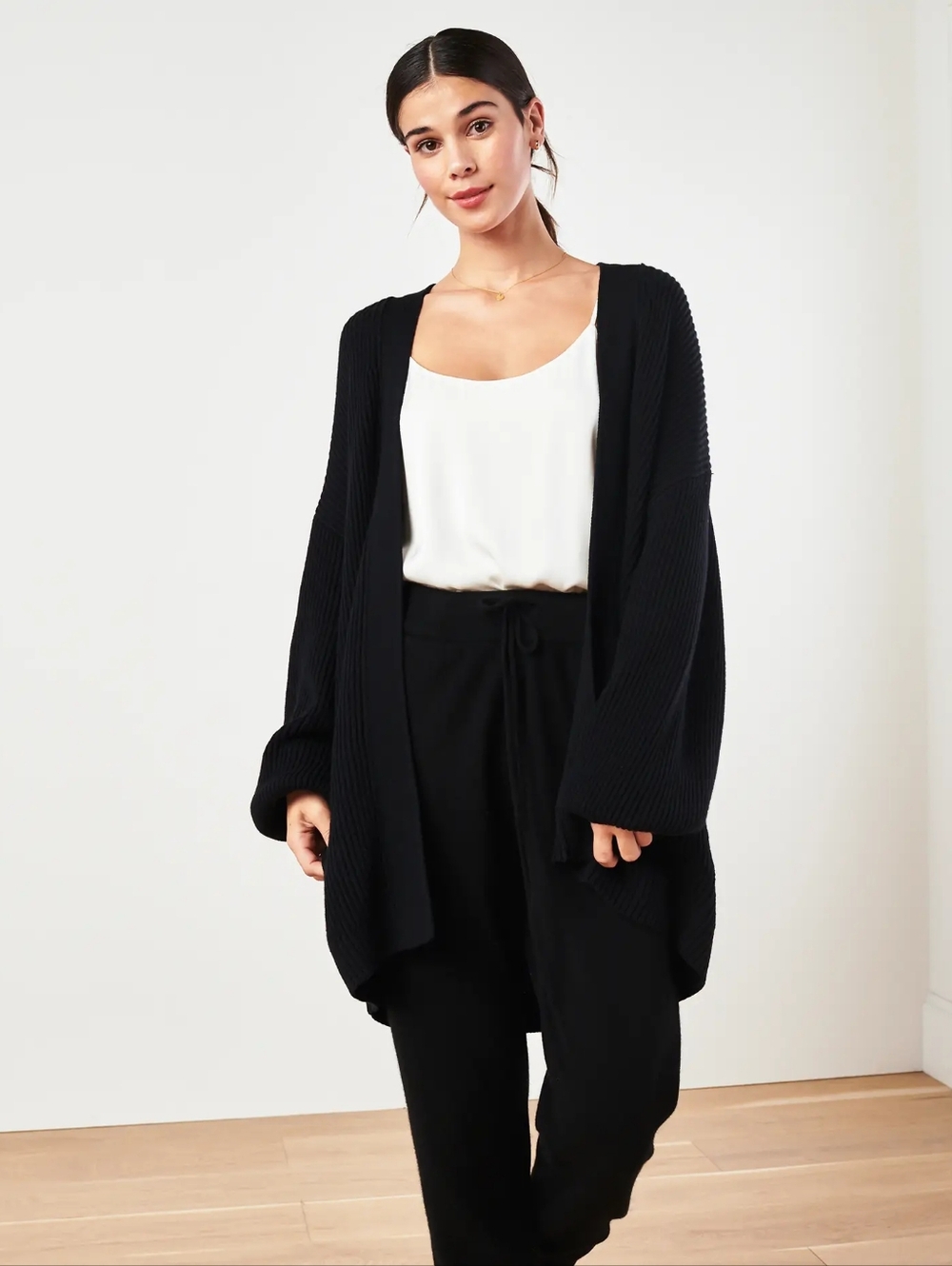 Quince Organic Cotton Oversized Open-Front Ribbed Cardigan Sweater Black Small
